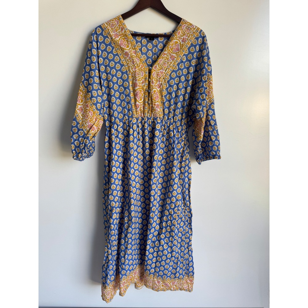 J.Crew Women Blue Yellow Floral Royal Block Print Cotton Midi Dress Boho Small
